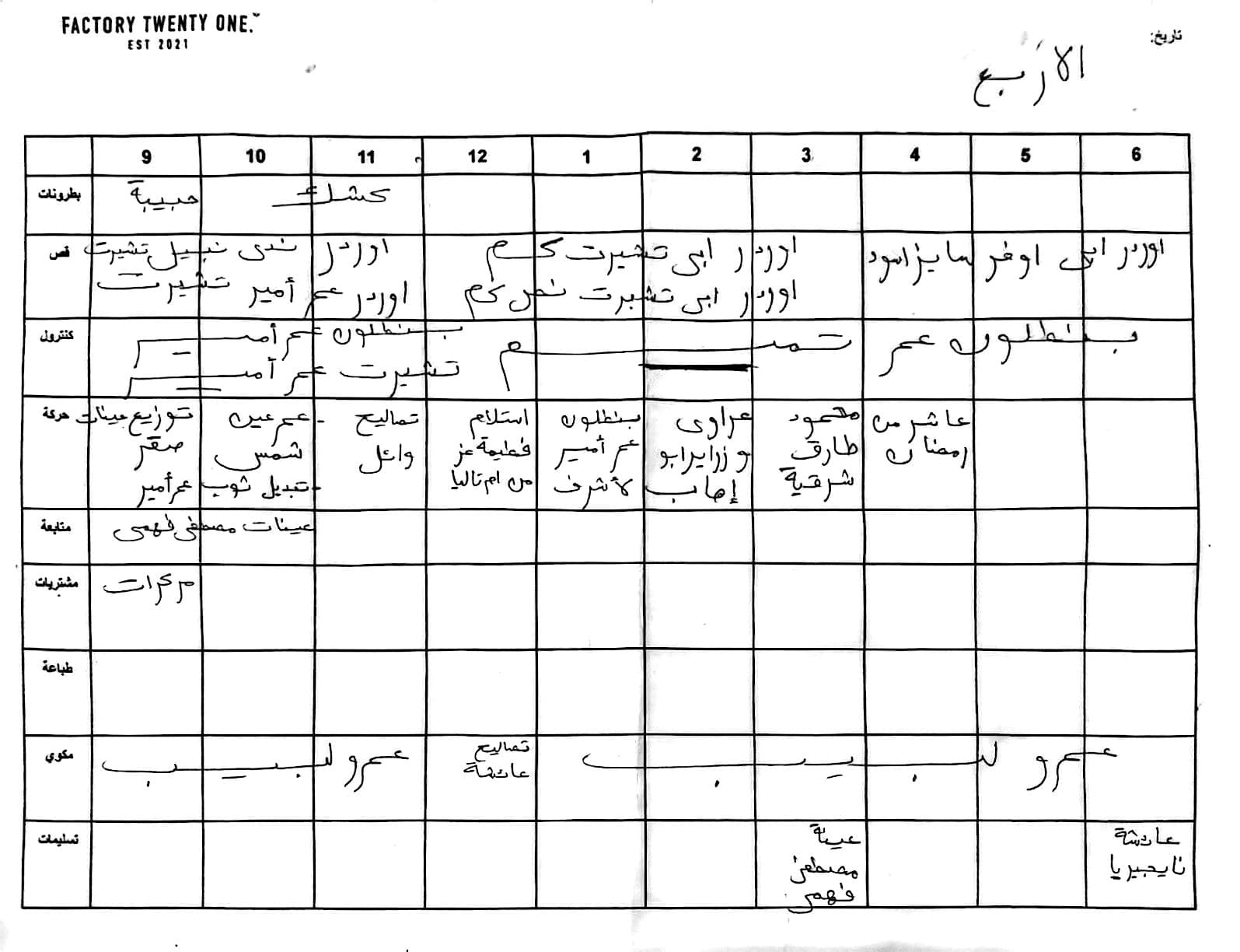 Black-and-white documentary frame of the Factory Twenty One floor in Cairo: garments mid-production under work light.